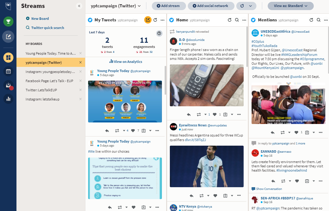 Hootsuite dashboard managing the Young People Today social media streams.